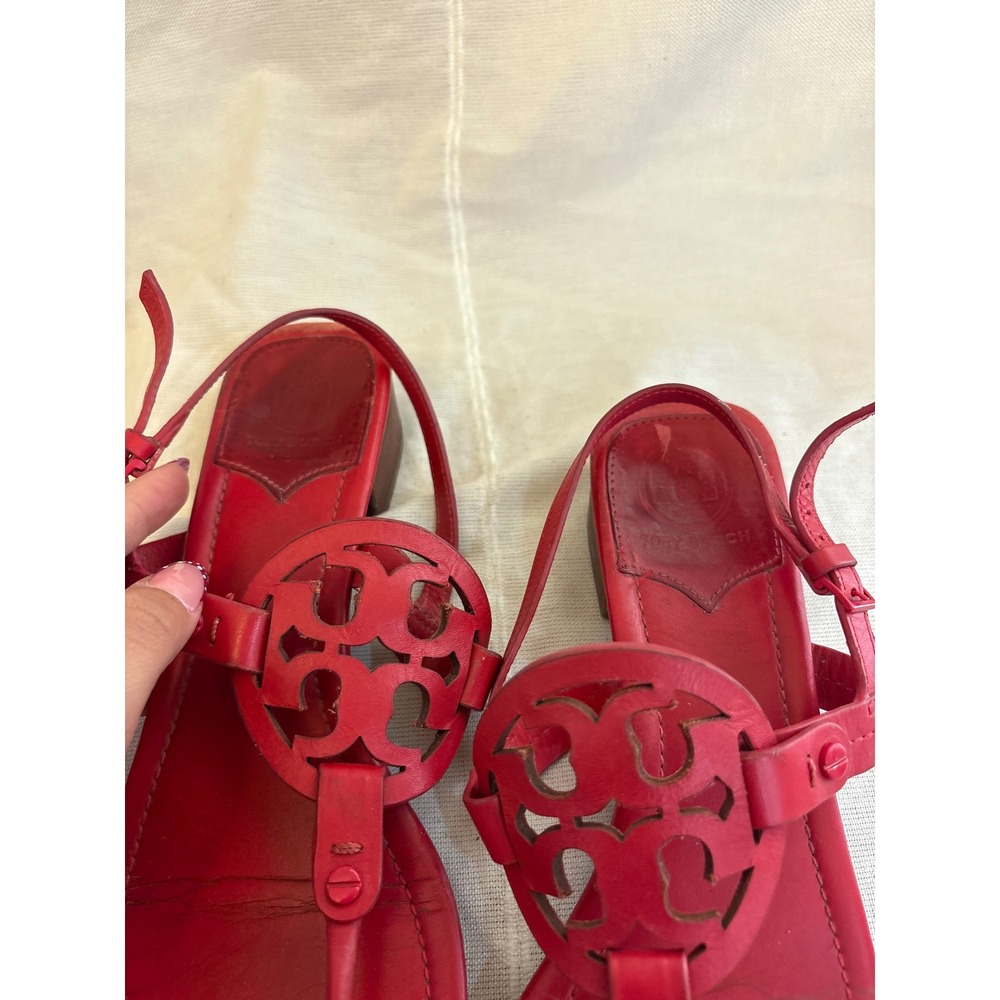 Tory Burch Miller Red Leather Block Heel Thong Sandals Ankle Strap Womens 8M - Picture 3 of 5